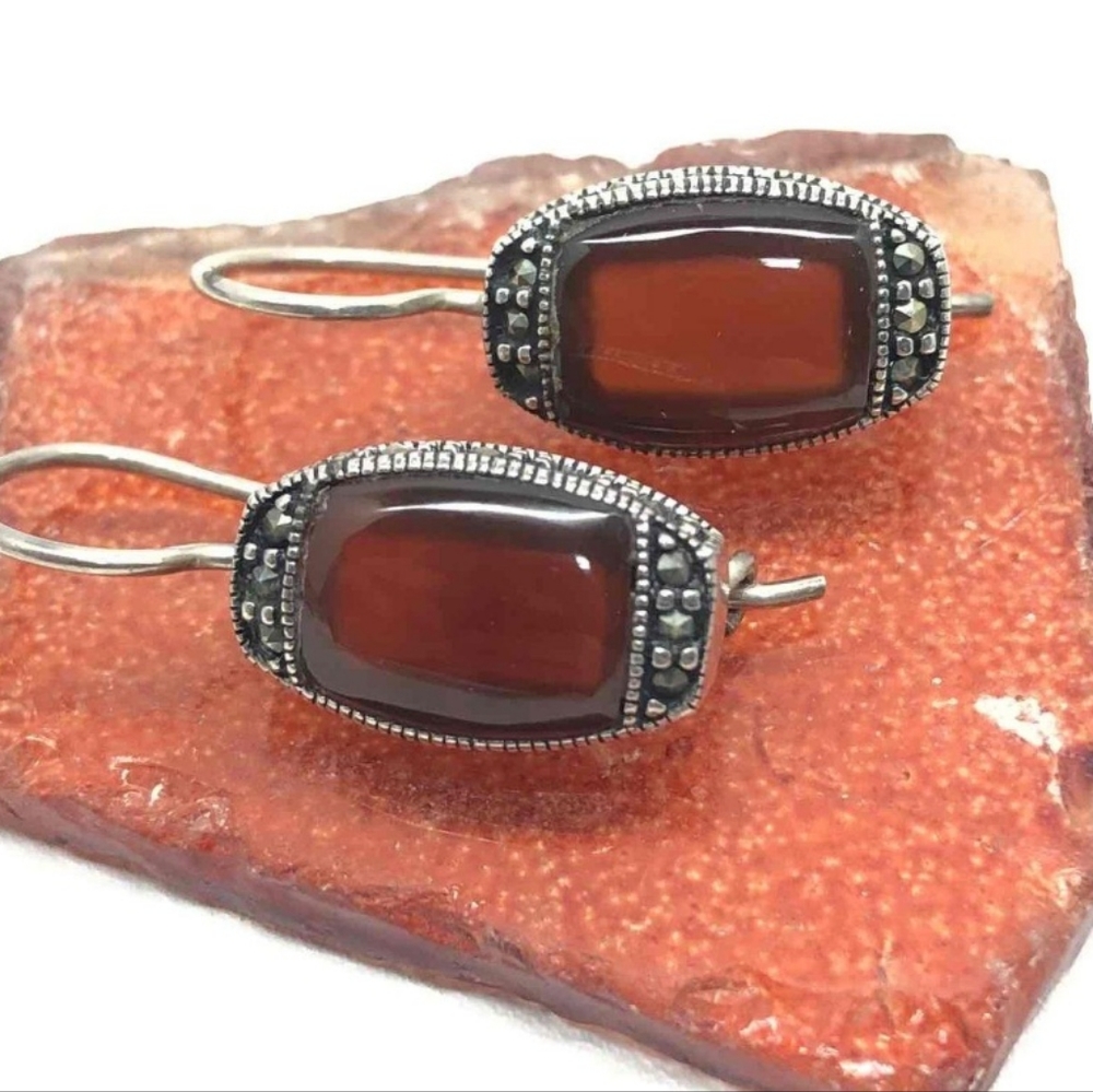 Vintage Marcasite Amber Glass Sterling Silver glass earrings